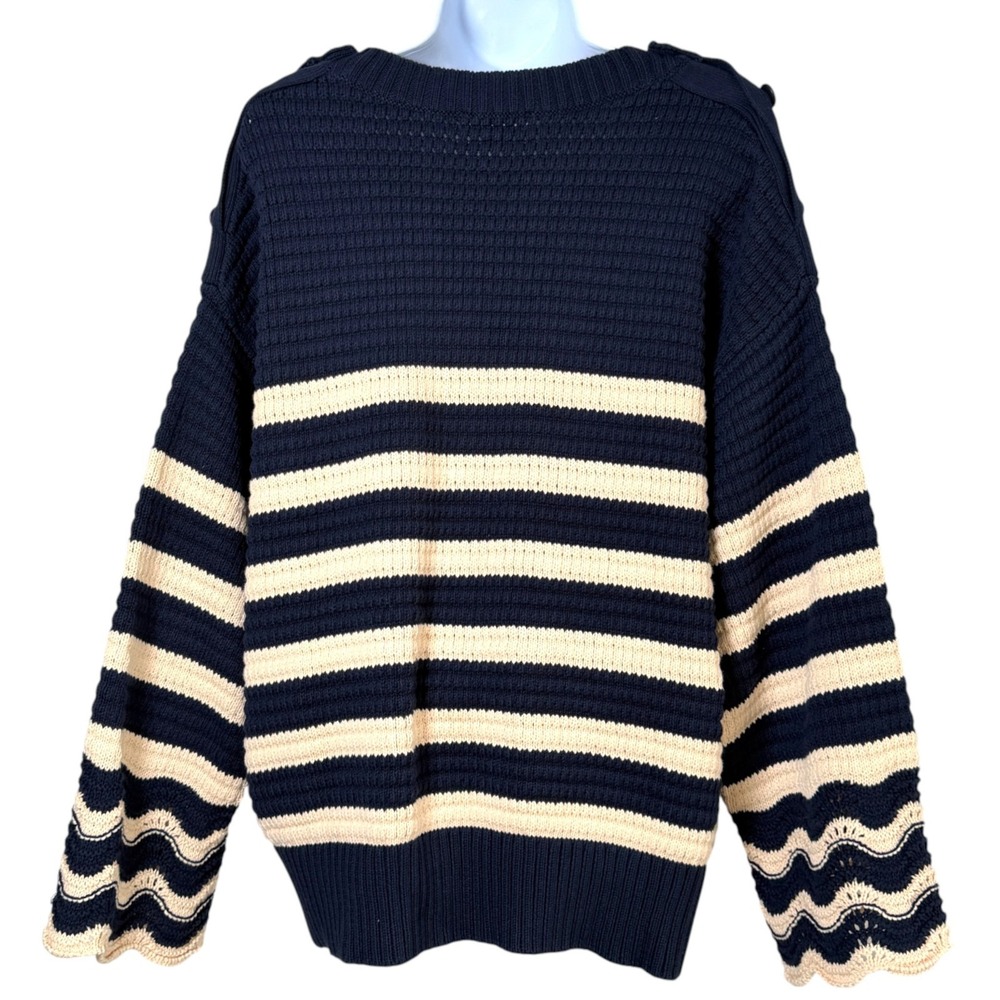 J. Crew Womens Striped Sweater Button Shoulder‎ Sz XL Fisherman Quiet Luxe Beach - Picture 3 of 7